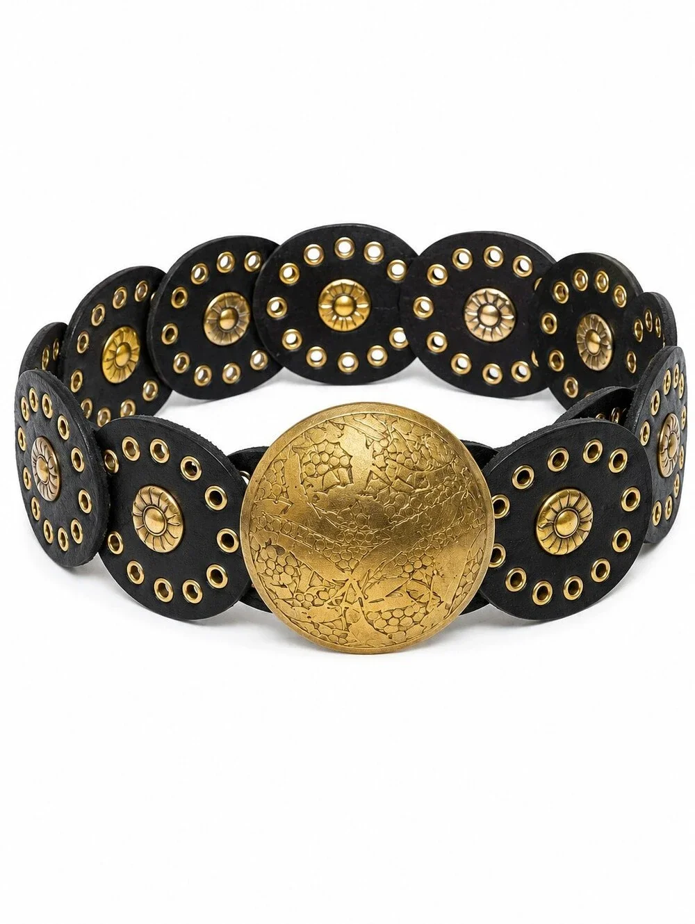 Free People Follow Your Arrow Leather Medallion Belt, Black, Gold Brass, L